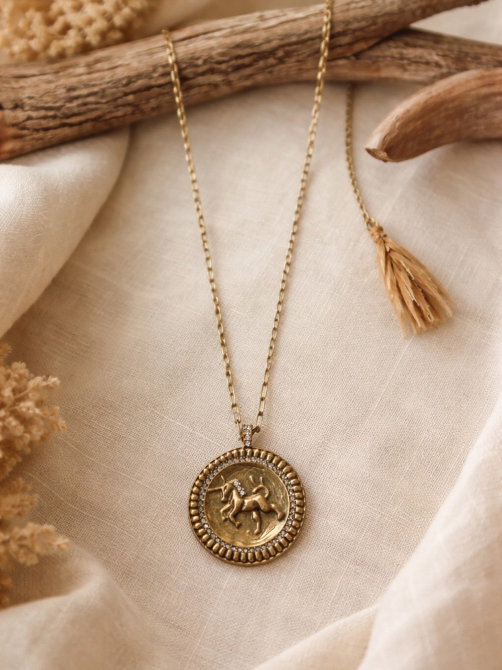 Stella & Dot Vintage Unicorn Coin Pendant Necklace Gold Chain Link